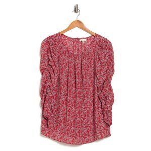 𝅺MAX Studio BNWOT Red Floral Ruched Sleeve Blouse Women Sz Small